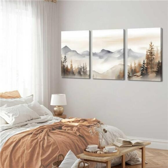 Neutral Mountain Wall Art Set Framed Abstract Forest Canvas for Living Room - Picture 4 of 7